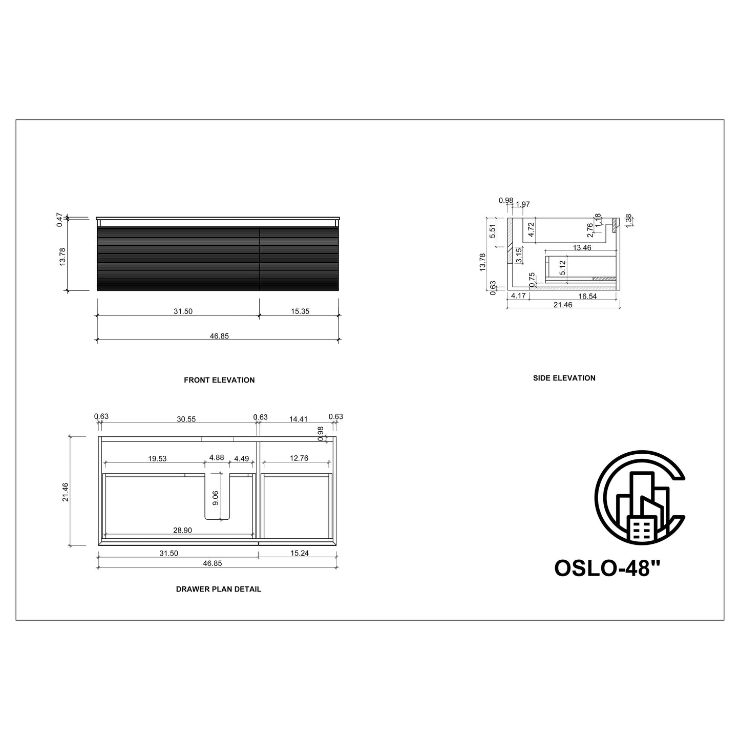 Oslo 48" Wall Mounted Bathroom Vanity with Black Sintered Stone Top and Premium Grade ATH Matte Black Solid Surface Top Undermount Sink