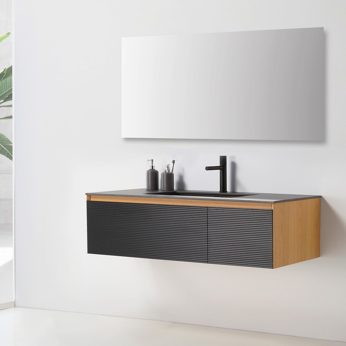 Oslo 48" Wall Mounted Bathroom Vanity with Black Sintered Stone Top and Premium Grade ATH Matte Black Solid Surface Top Undermount Sink