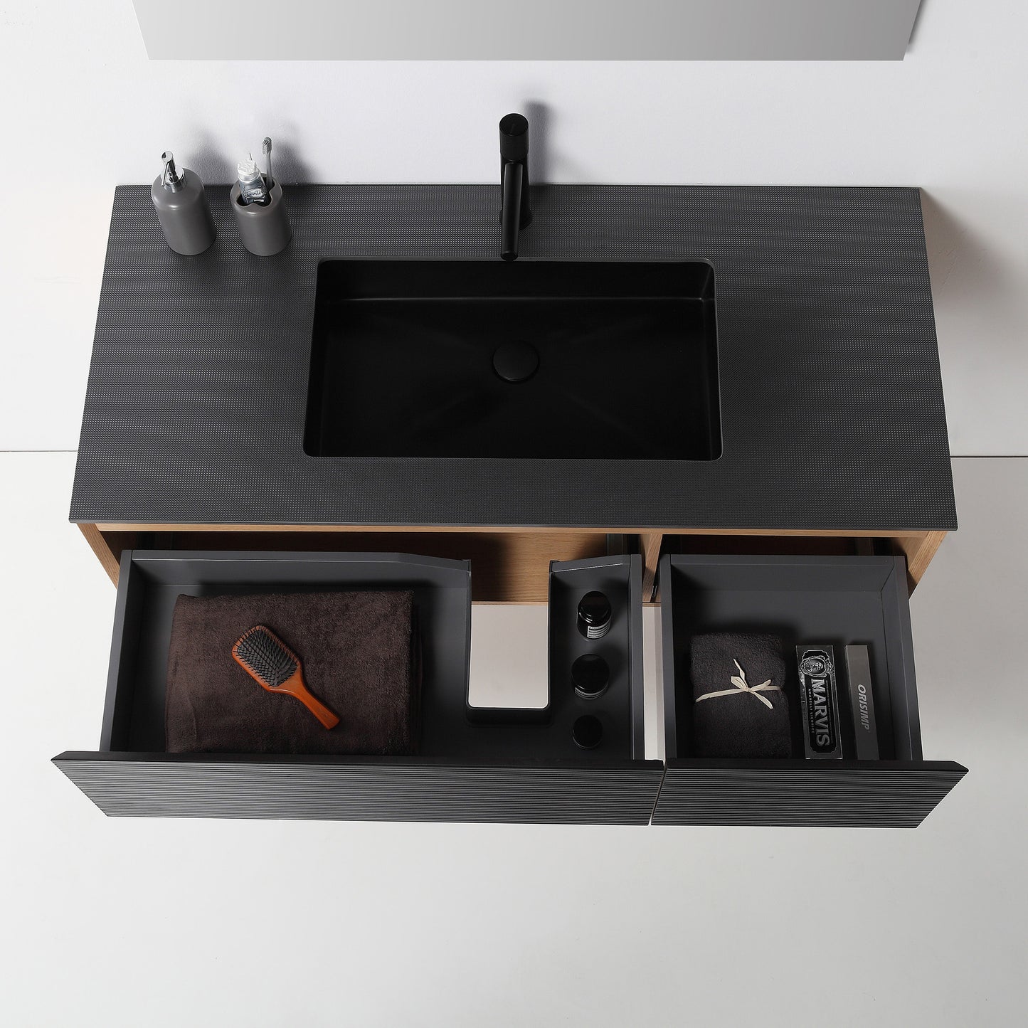 Oslo 48" Wall Mounted Bathroom Vanity with Black Sintered Stone Top and Premium Grade ATH Matte Black Solid Surface Top Undermount Sink