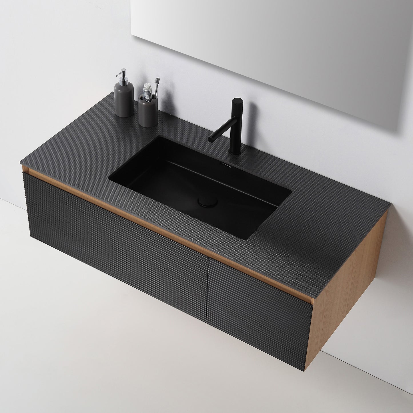 Oslo 48" Wall Mounted Bathroom Vanity with Black Sintered Stone Top and Premium Grade ATH Matte Black Solid Surface Top Undermount Sink