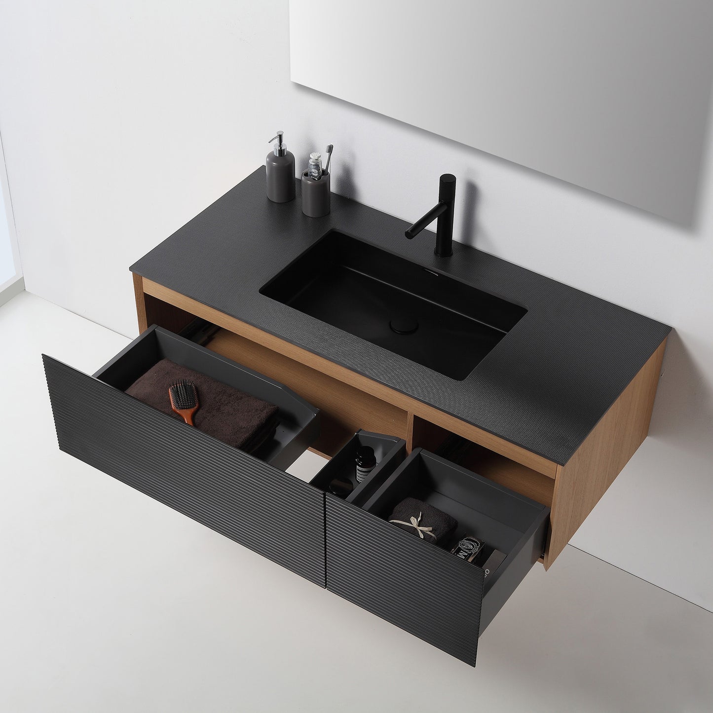 Oslo 48" Wall Mounted Bathroom Vanity with Black Sintered Stone Top and Premium Grade ATH Matte Black Solid Surface Top Undermount Sink