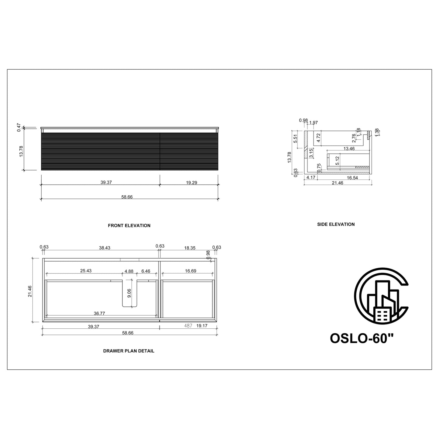 Oslo 60" Wall Mounted Bathroom Vanity with Black Sintered Stone Top and Premium Grade ATH Matte Black Solid Surface Top Undermount Sinks