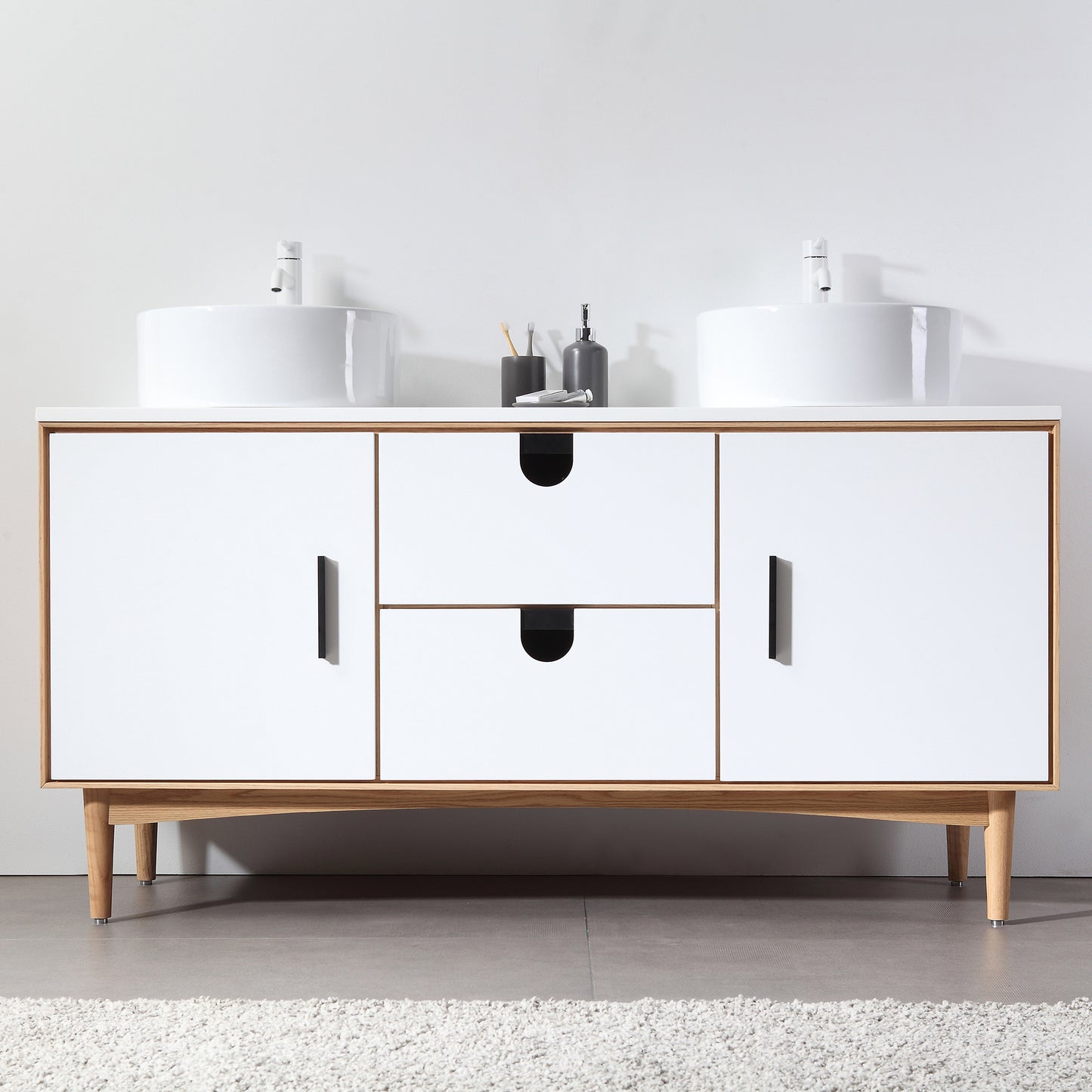 Portree 60" Freestanding Bathroom Vanity with Pure White Quartz Top and Ceramic Vessel Sinks