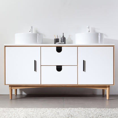 Portree 60" Freestanding Bathroom Vanity with Pure White Quartz Top and Ceramic Vessel Sinks