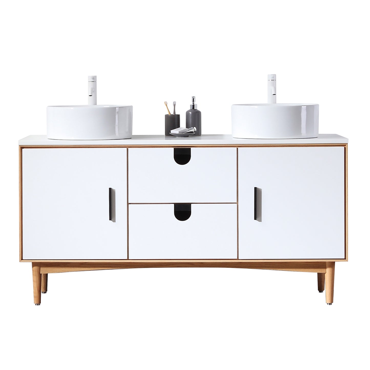 Portree 60" Freestanding Bathroom Vanity with Pure White Quartz Top and Ceramic Vessel Sinks