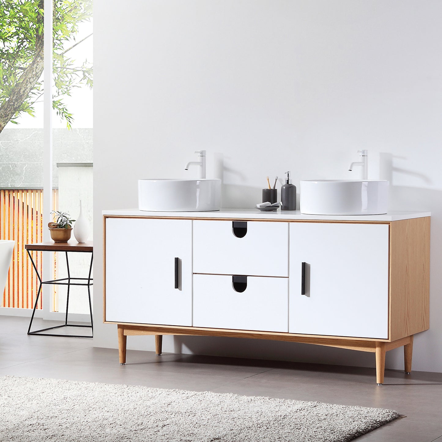 Portree 60" Freestanding Bathroom Vanity with Pure White Quartz Top and Ceramic Vessel Sinks