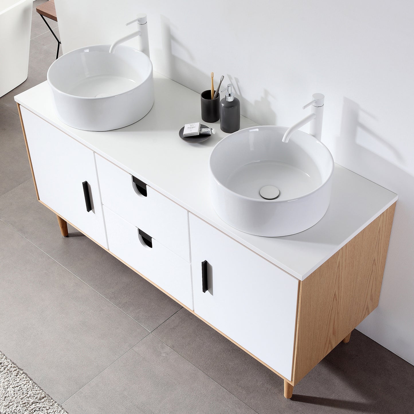 Portree 60" Freestanding Bathroom Vanity with Pure White Quartz Top and Ceramic Vessel Sinks