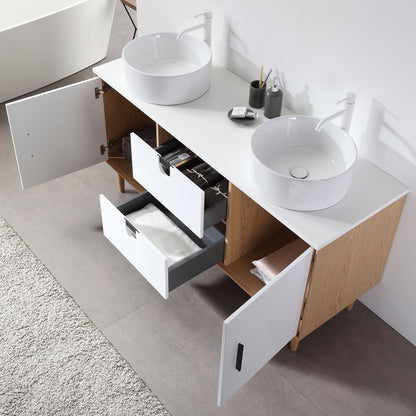 Portree 60" Freestanding Bathroom Vanity with Pure White Quartz Top and Ceramic Vessel Sinks