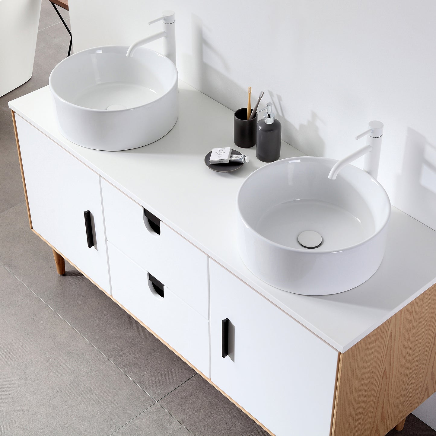 Portree 60" Freestanding Bathroom Vanity with Pure White Quartz Top and Ceramic Vessel Sinks