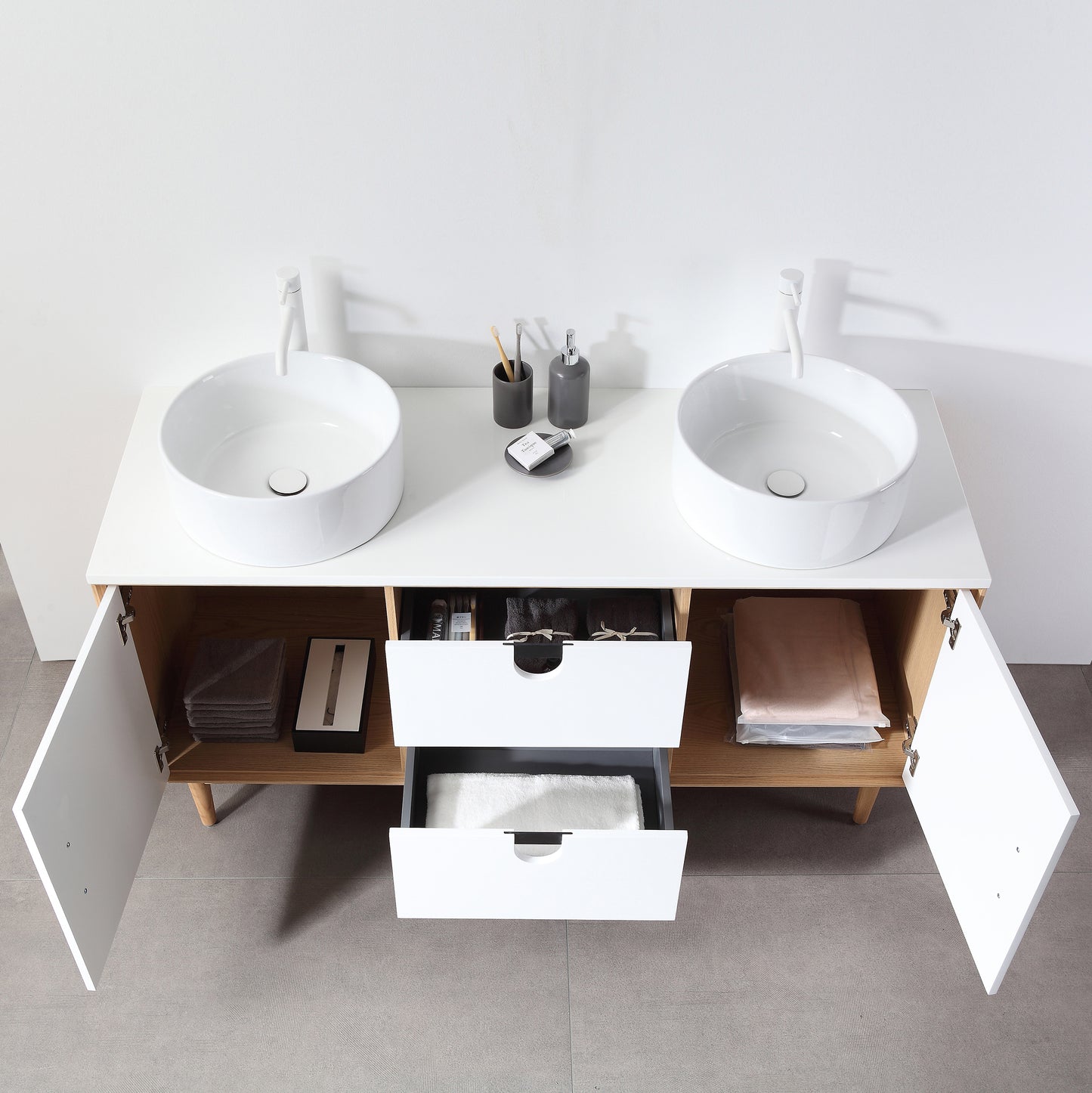 Portree 60" Freestanding Bathroom Vanity with Pure White Quartz Top and Ceramic Vessel Sinks