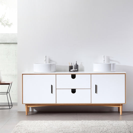 Portree 72" Freestanding Bathroom Vanity with Pure White Quartz Top and Ceramic Vessel Sinks