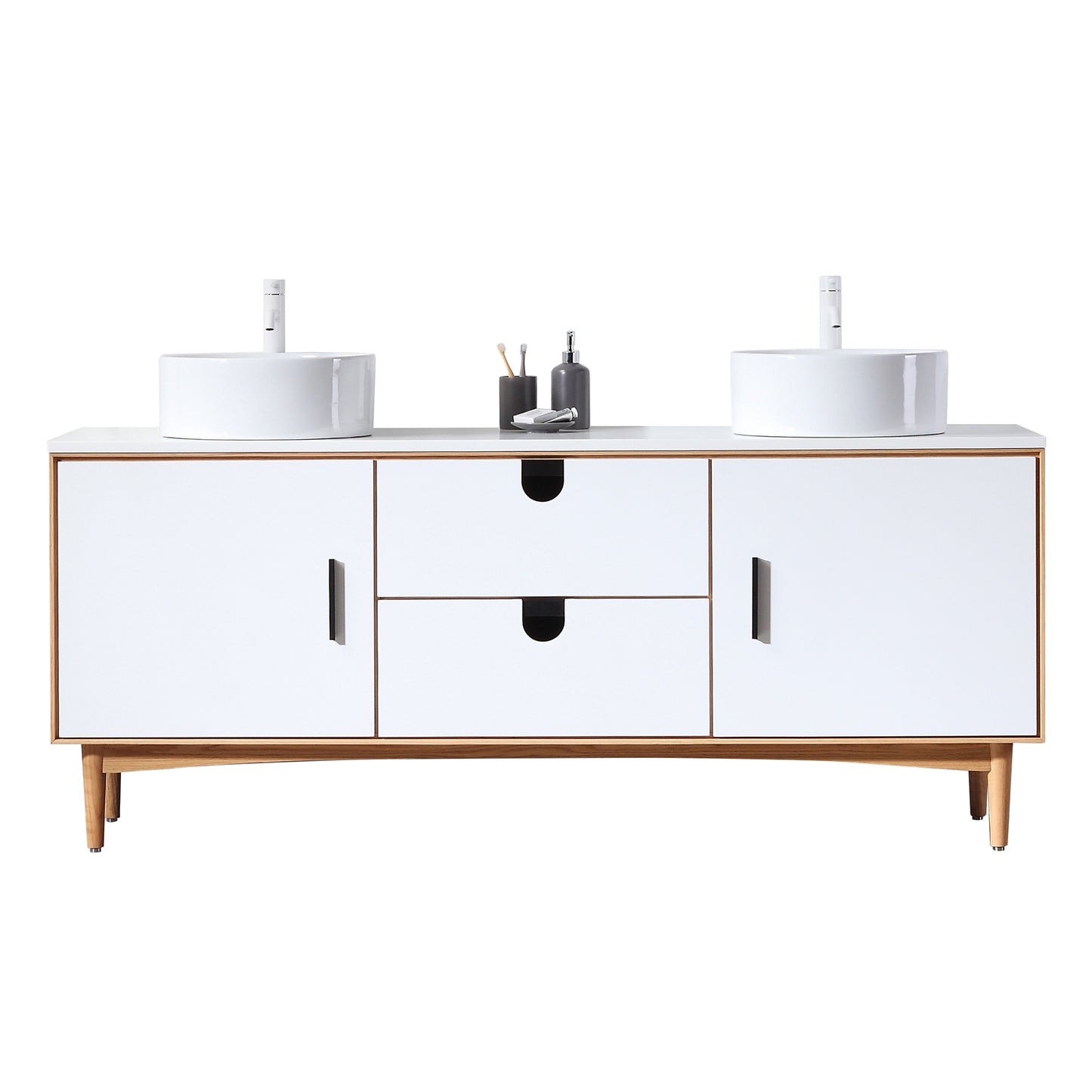 Portree 72" Freestanding Bathroom Vanity with Pure White Quartz Top and Ceramic Vessel Sinks