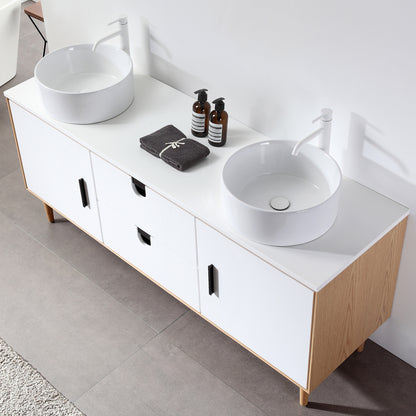 Portree 72" Freestanding Bathroom Vanity with Pure White Quartz Top and Ceramic Vessel Sinks