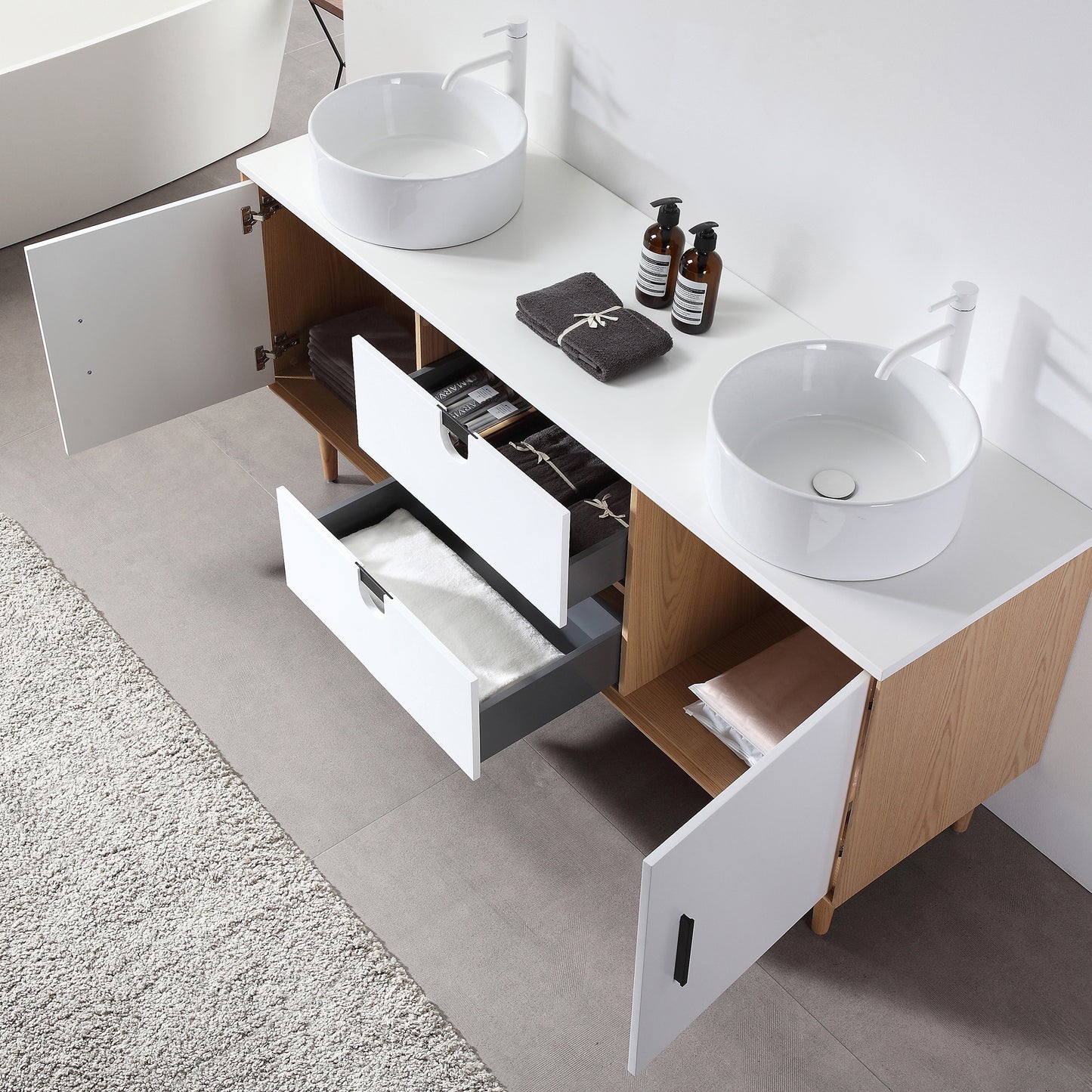 Portree 72" Freestanding Bathroom Vanity with Pure White Quartz Top and Ceramic Vessel Sinks