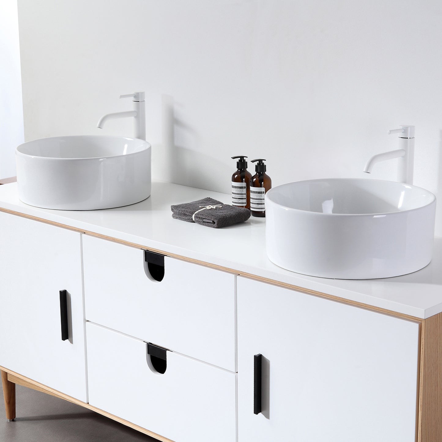 Portree 72" Freestanding Bathroom Vanity with Pure White Quartz Top and Ceramic Vessel Sinks