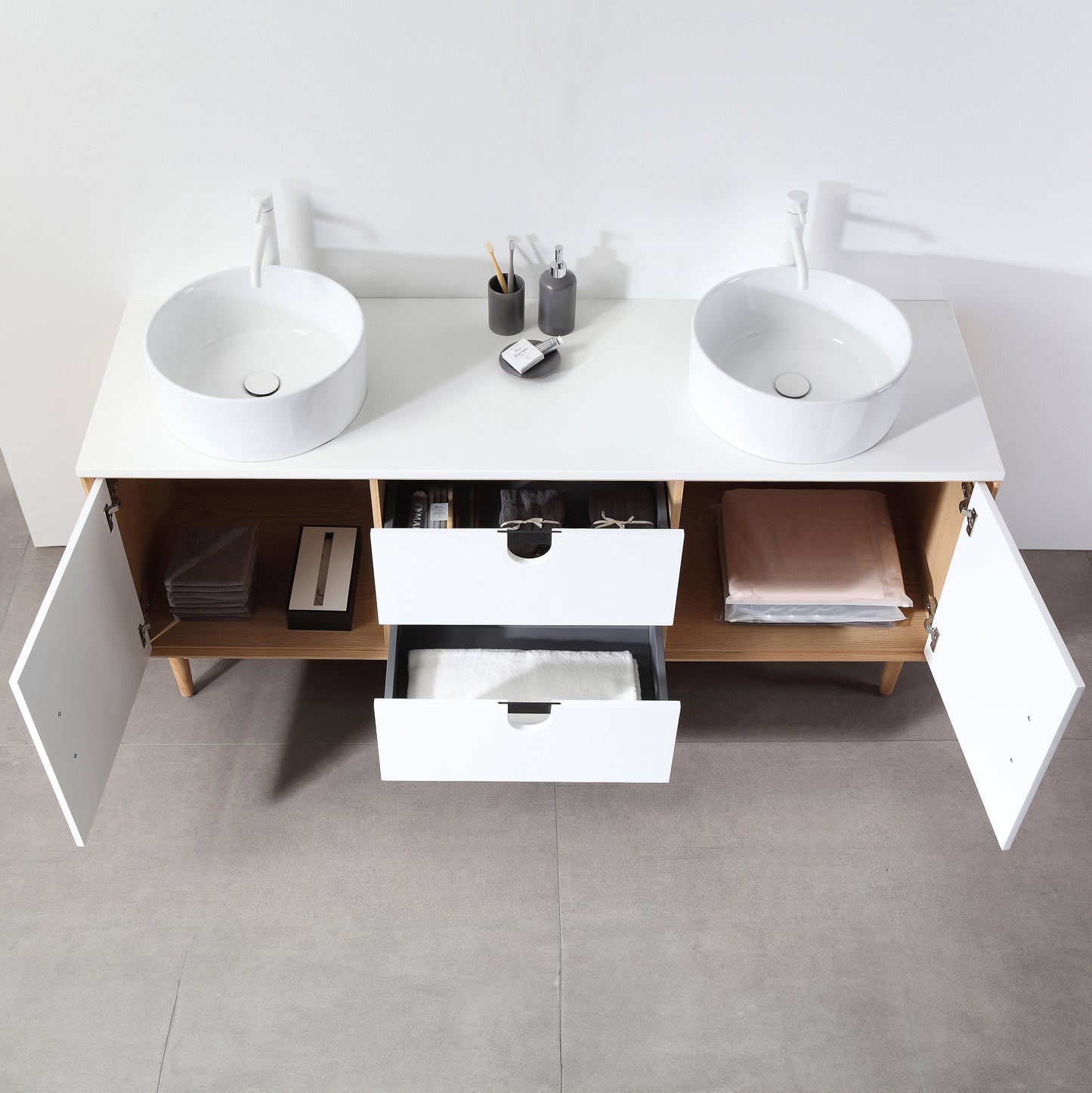 Portree 72" Freestanding Bathroom Vanity with Pure White Quartz Top and Ceramic Vessel Sinks