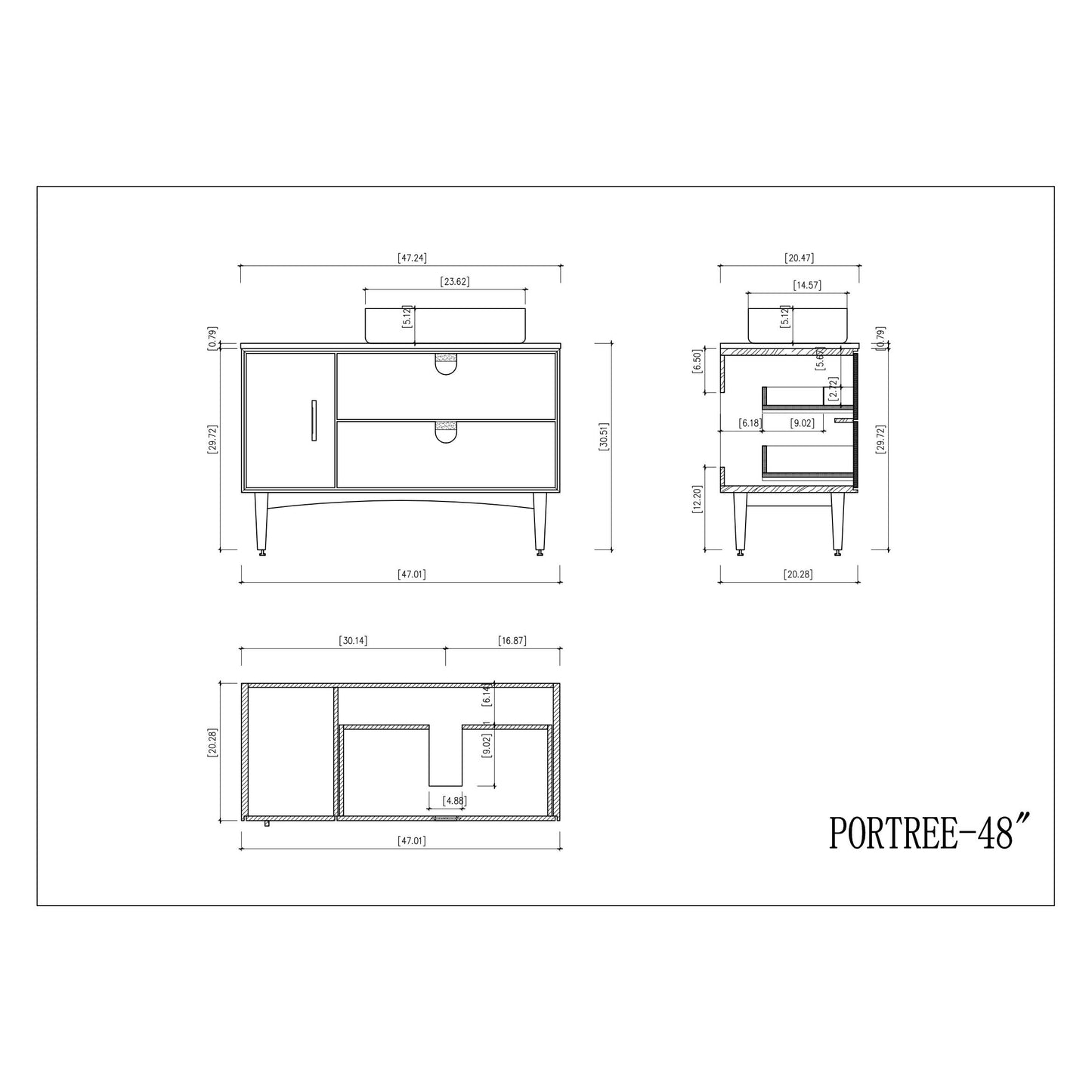 Portree 48" Freestanding Bathroom Vanity with Pure White Quartz Top and Ceramic Vessel Sink