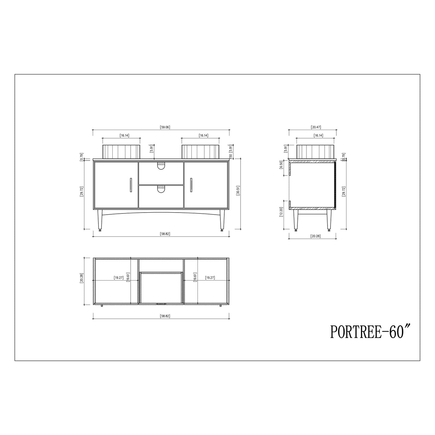 Portree 60" Freestanding Bathroom Vanity with Pure White Quartz Top and Ceramic Vessel Sinks