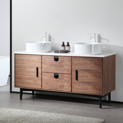 Portree 60" Freestanding Bathroom Vanity with Pure White Quartz Top and Ceramic Vessel Sinks