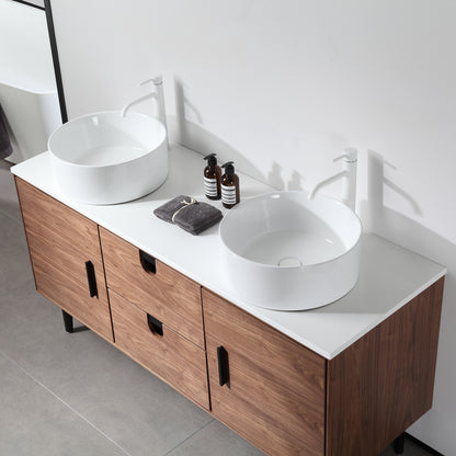 Portree 60" Freestanding Bathroom Vanity with Pure White Quartz Top and Ceramic Vessel Sinks