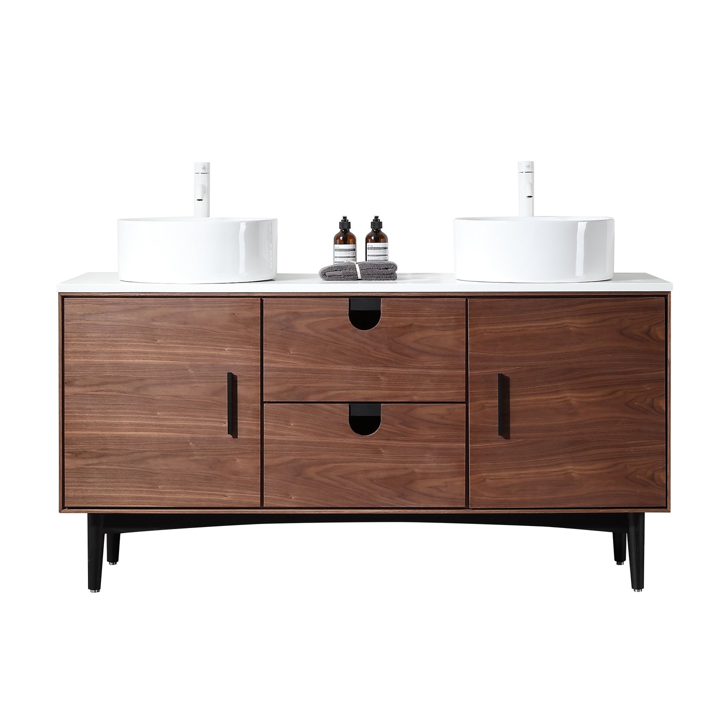 Portree 60" Freestanding Bathroom Vanity with Pure White Quartz Top and Ceramic Vessel Sinks