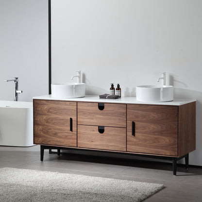 Portree 72" Freestanding Bathroom Vanity with Pure White Quartz Top and Ceramic Vessel Sinks