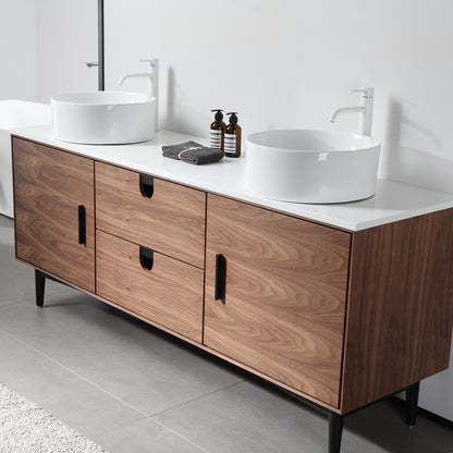 Portree 72" Freestanding Bathroom Vanity with Pure White Quartz Top and Ceramic Vessel Sinks