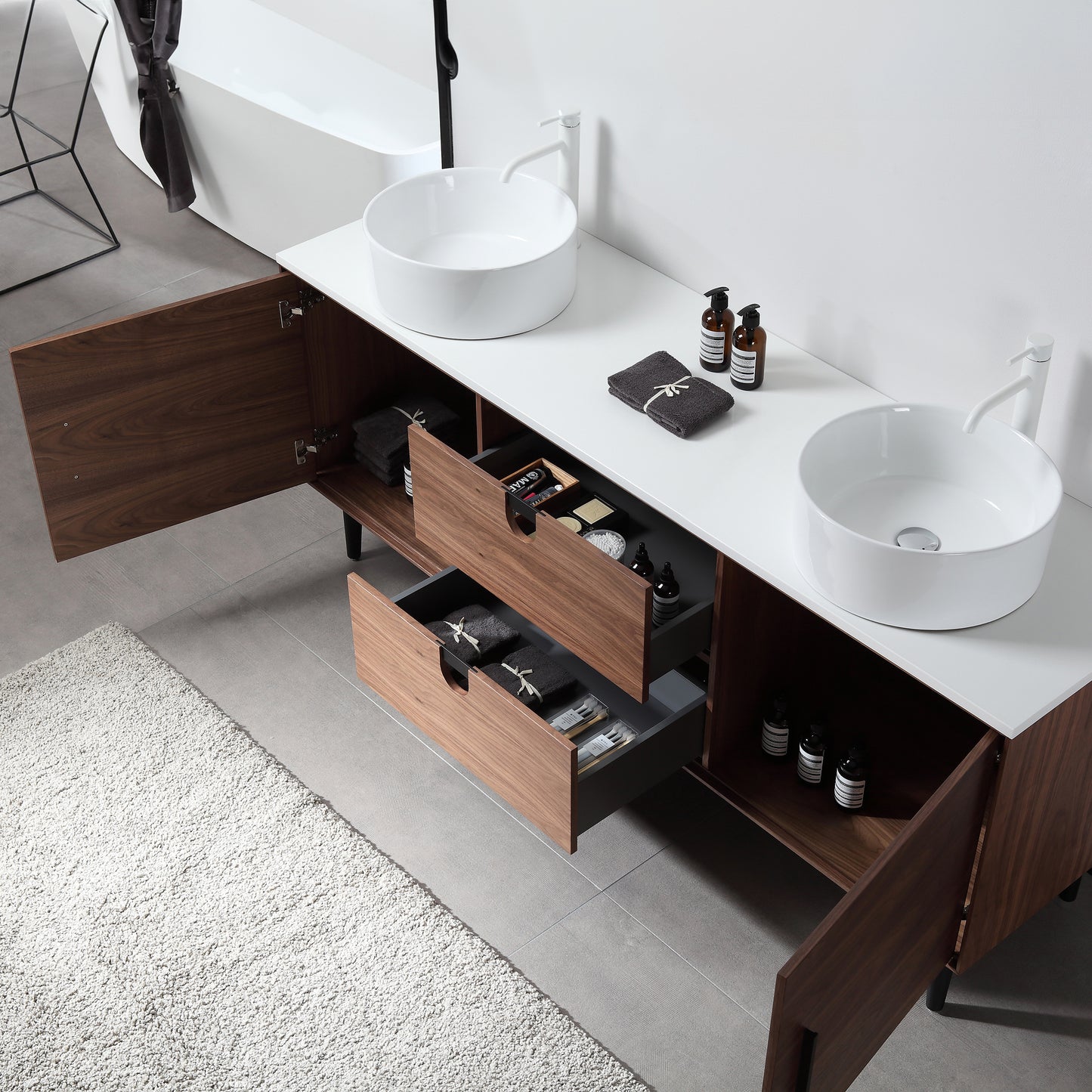 Portree 72" Freestanding Bathroom Vanity with Pure White Quartz Top and Ceramic Vessel Sinks