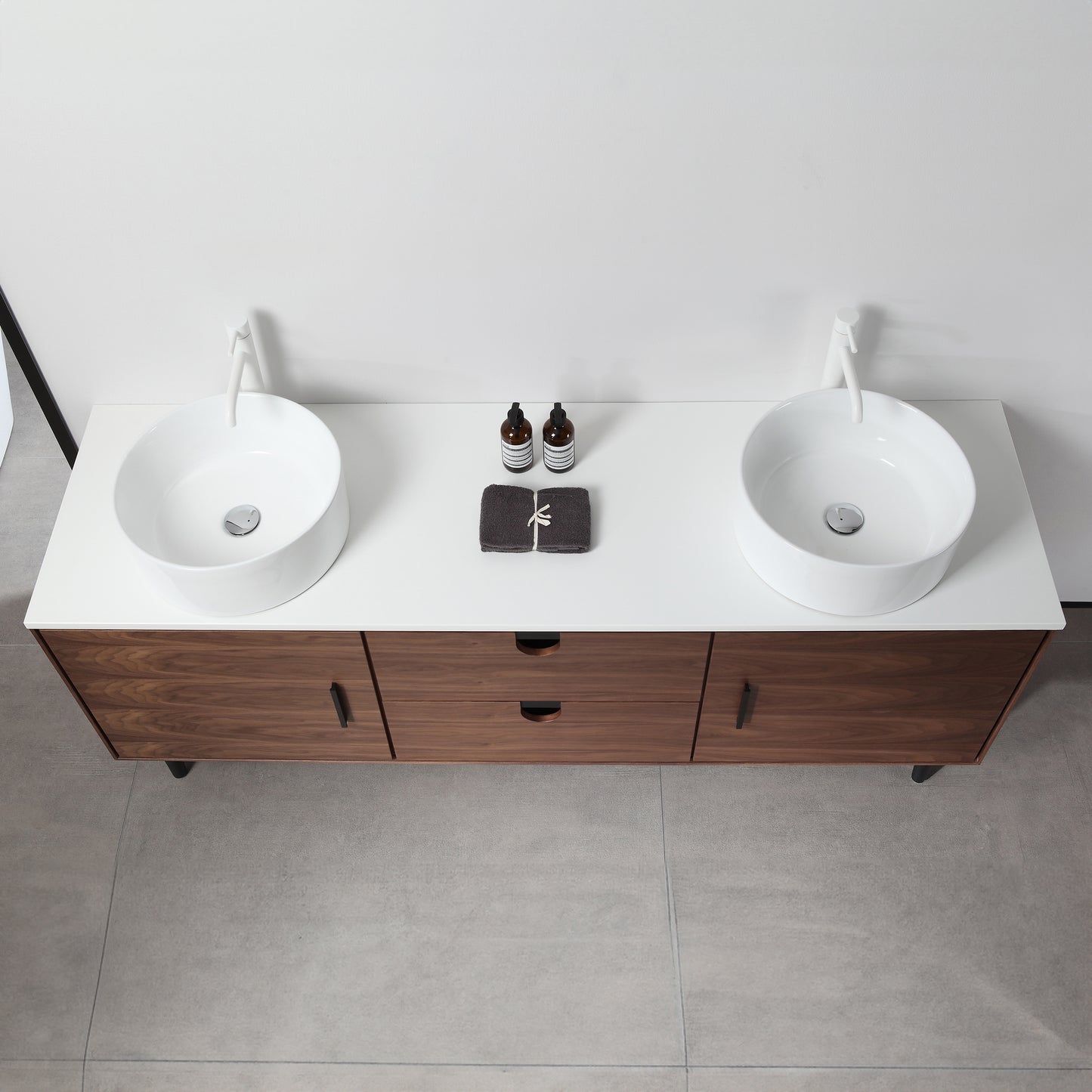 Portree 72" Freestanding Bathroom Vanity with Pure White Quartz Top and Ceramic Vessel Sinks