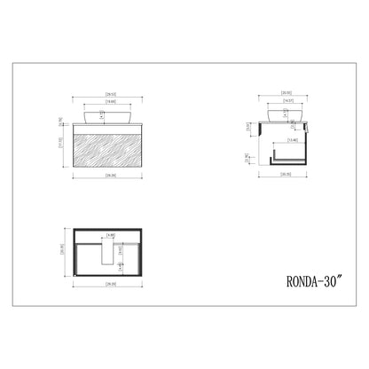 Ronda 30" Wall Mounted Bathroom Vanity with Pure White Quartz Top and Ceramic Vessel Sink