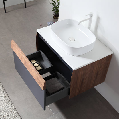 Ronda 30" Wall Mounted Bathroom Vanity with Pure White Quartz Top and Ceramic Vessel Sink