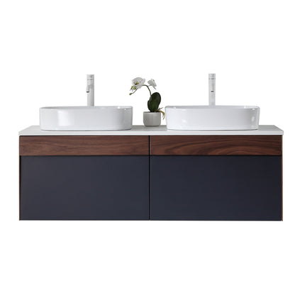 Ronda 55" Wall Mounted Bathroom Vanity with Pure White Quartz Top and Ceramic Vessel Sinks