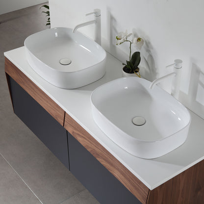 Ronda 55" Wall Mounted Bathroom Vanity with Pure White Quartz Top and Ceramic Vessel Sinks