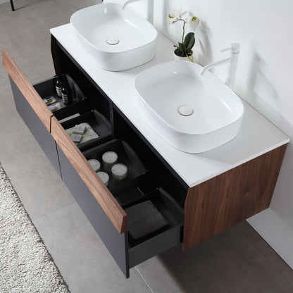 Ronda 55" Wall Mounted Bathroom Vanity with Pure White Quartz Top and Ceramic Vessel Sinks