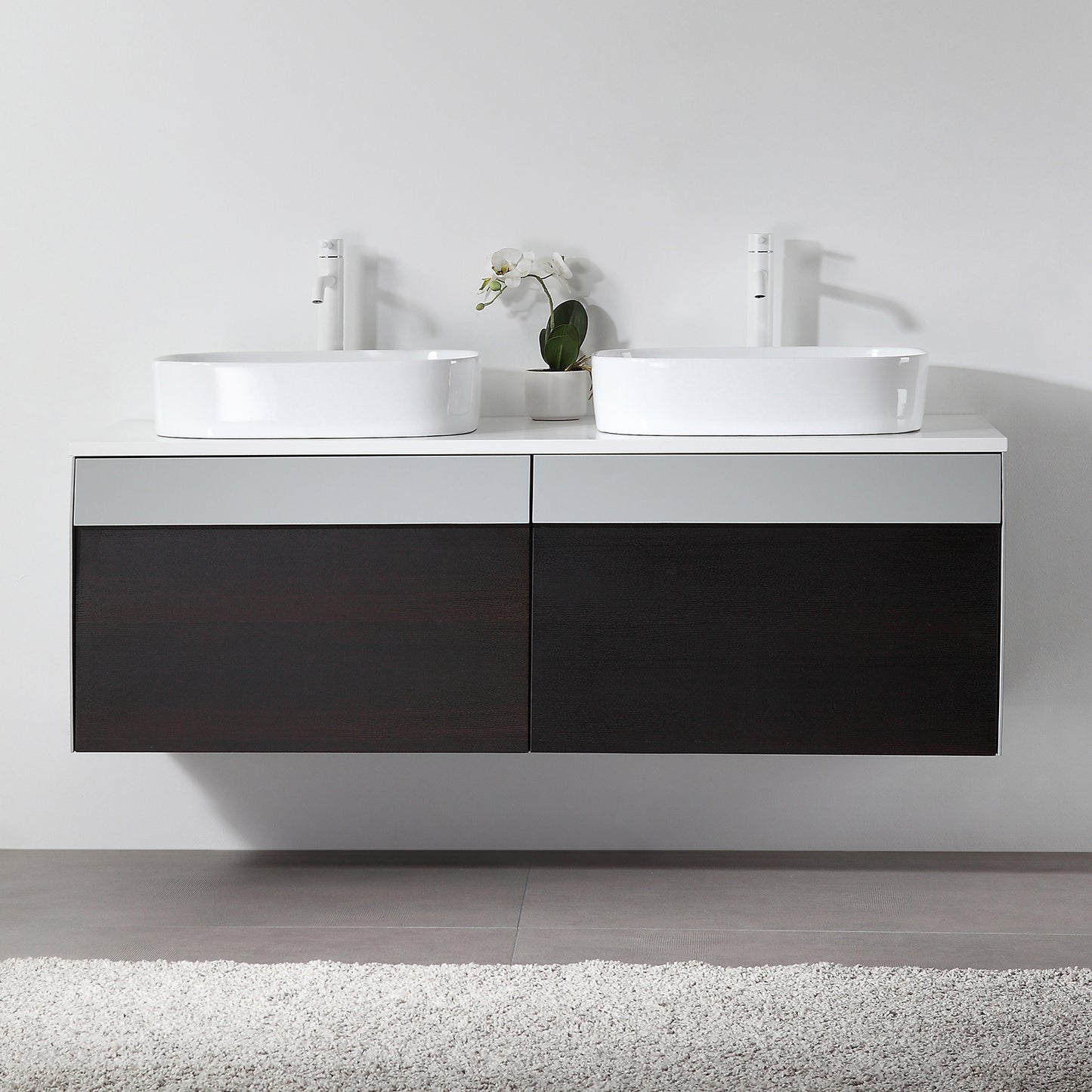 Ronda 55" Wall Mounted Bathroom Vanity with Pure White Quartz Top and Ceramic Vessel Sinks