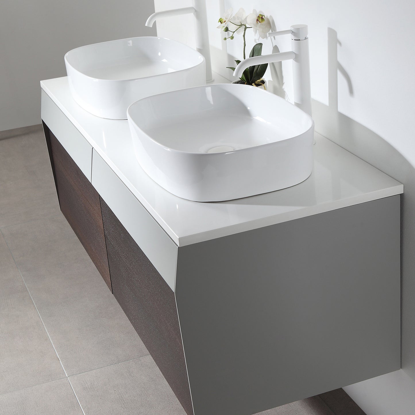 Ronda 55" Wall Mounted Bathroom Vanity with Pure White Quartz Top and Ceramic Vessel Sinks