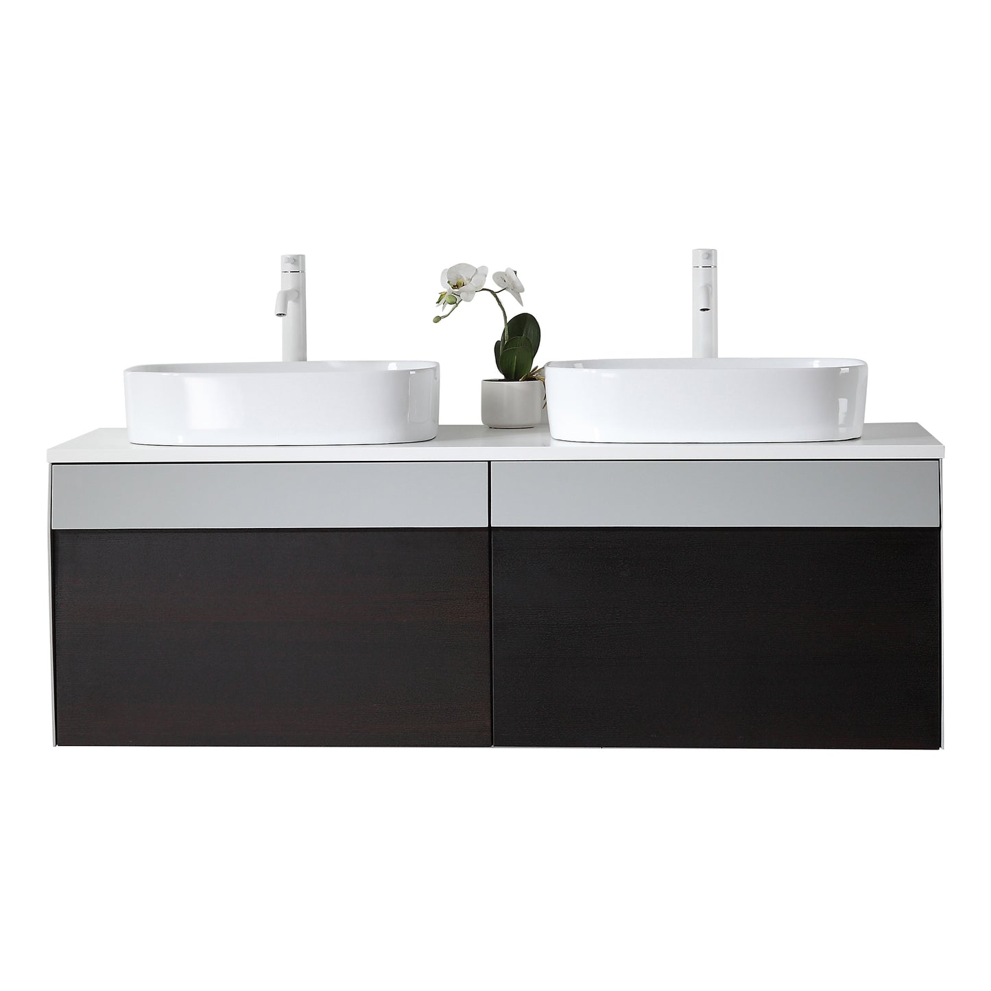 Ronda 55" Wall Mounted Bathroom Vanity with Pure White Quartz Top and Ceramic Vessel Sinks