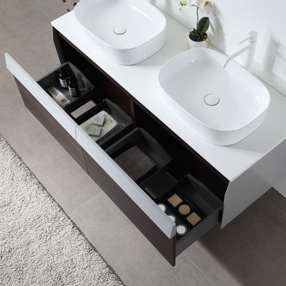 Ronda 55" Wall Mounted Bathroom Vanity with Pure White Quartz Top and Ceramic Vessel Sinks