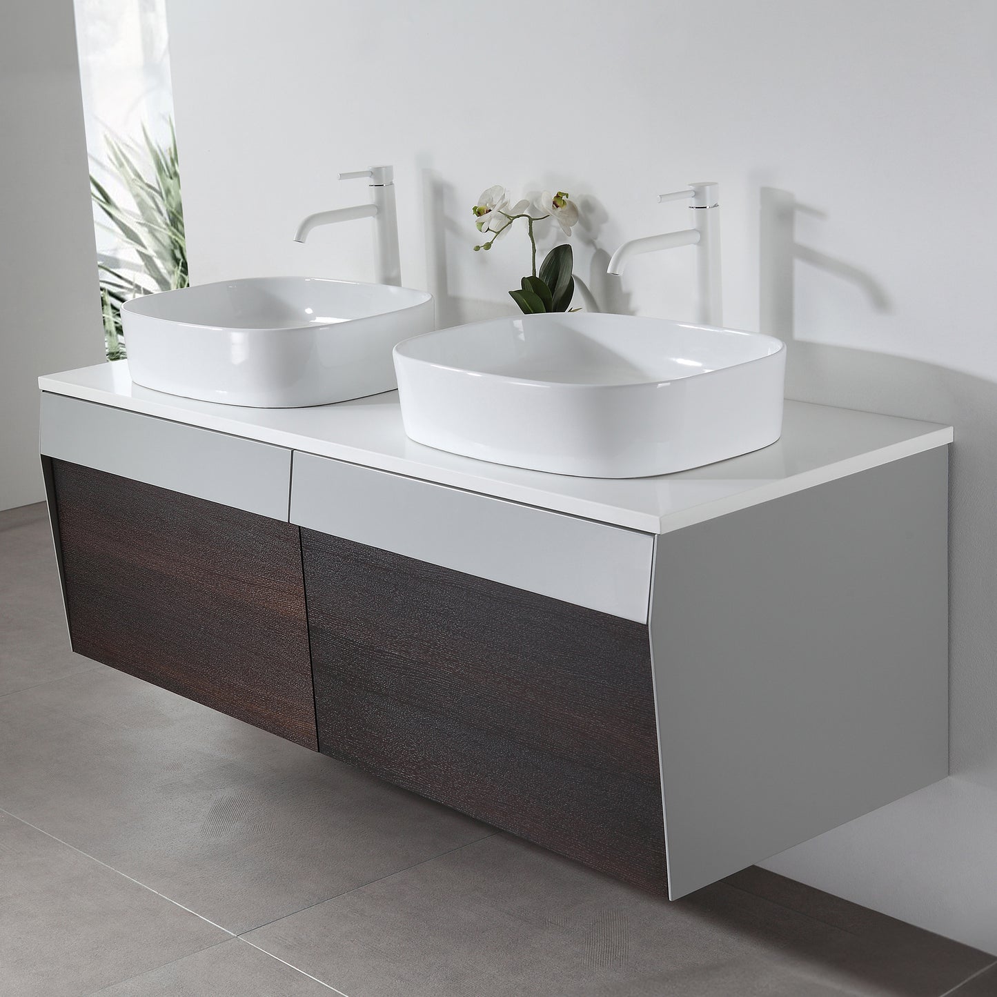 Ronda 55" Wall Mounted Bathroom Vanity with Pure White Quartz Top and Ceramic Vessel Sinks