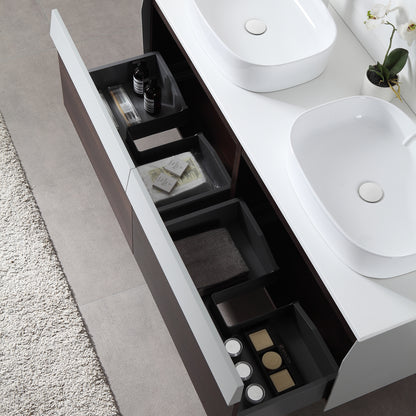 Ronda 55" Wall Mounted Bathroom Vanity with Pure White Quartz Top and Ceramic Vessel Sinks