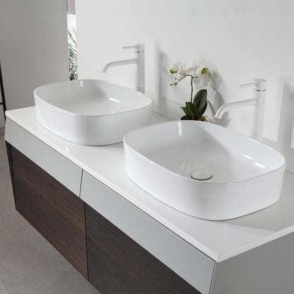 Ronda 55" Wall Mounted Bathroom Vanity with Pure White Quartz Top and Ceramic Vessel Sinks