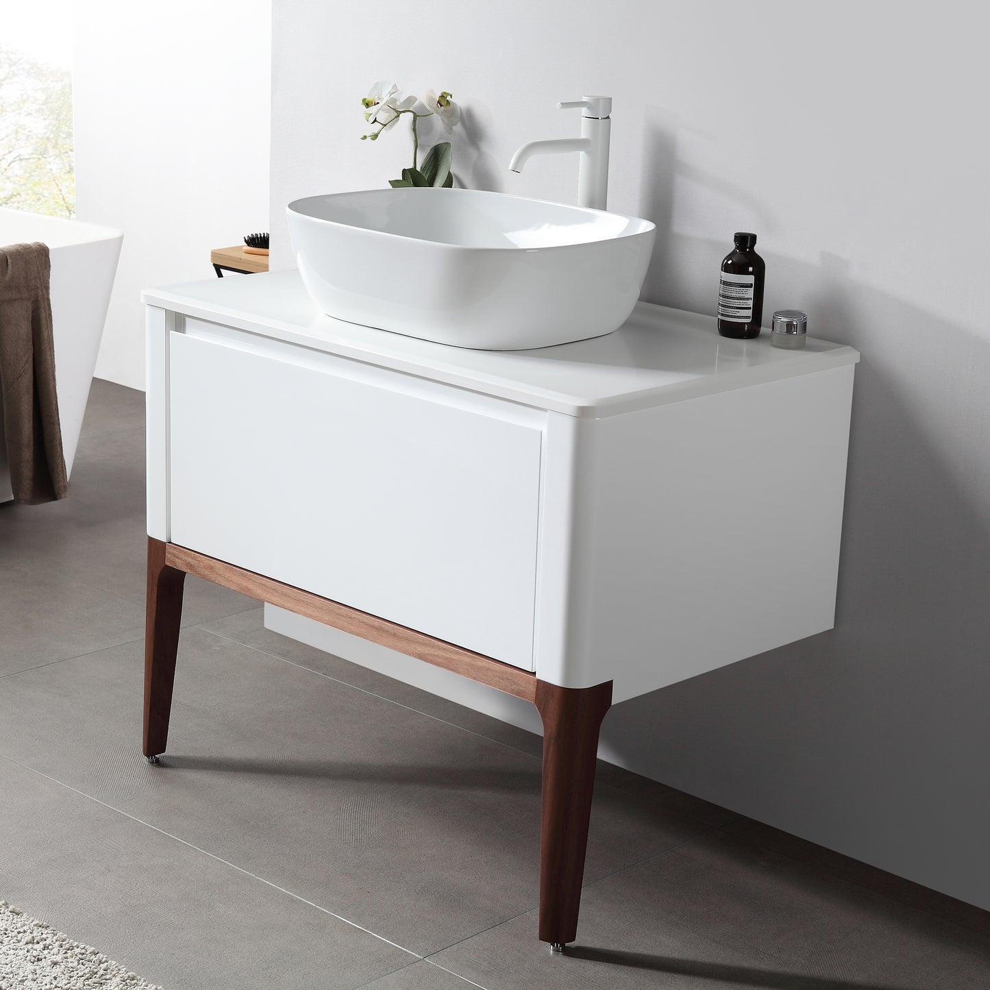 Sebastian 36" Freestanding Bathroom Vanity with Pure White Quartz Top and Ceramic Vessel Sink