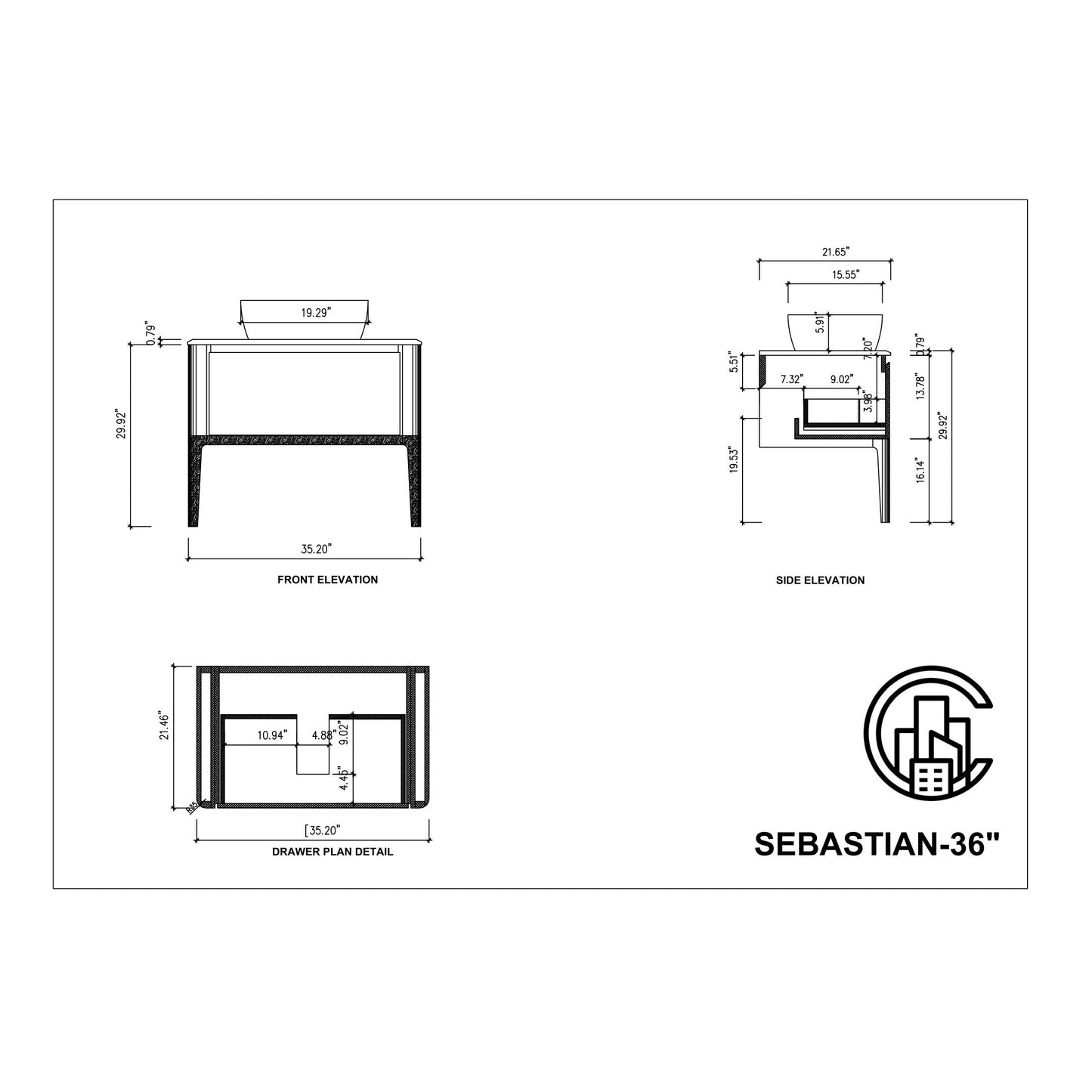 Sebastian 36" Freestanding Bathroom Vanity with Pure White Quartz Top and Ceramic Vessel Sink