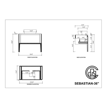 Sebastian 36" Freestanding Bathroom Vanity with Pure White Quartz Top and Ceramic Vessel Sink