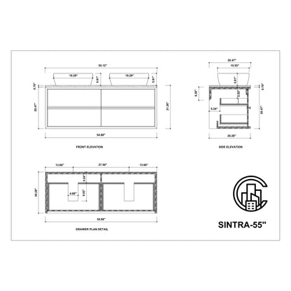 Sintra 55" Wall Mounted Bathroom Vanity with Pure White Quartz Top and Ceramic Vessel Sinks