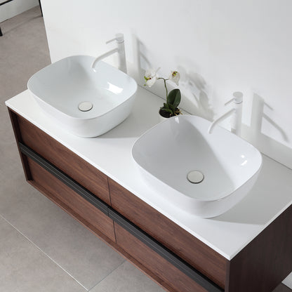 Sintra 55" Wall Mounted Bathroom Vanity with Pure White Quartz Top and Ceramic Vessel Sinks