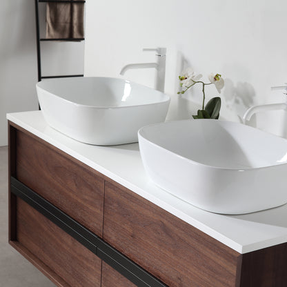 Sintra 55" Wall Mounted Bathroom Vanity with Pure White Quartz Top and Ceramic Vessel Sinks