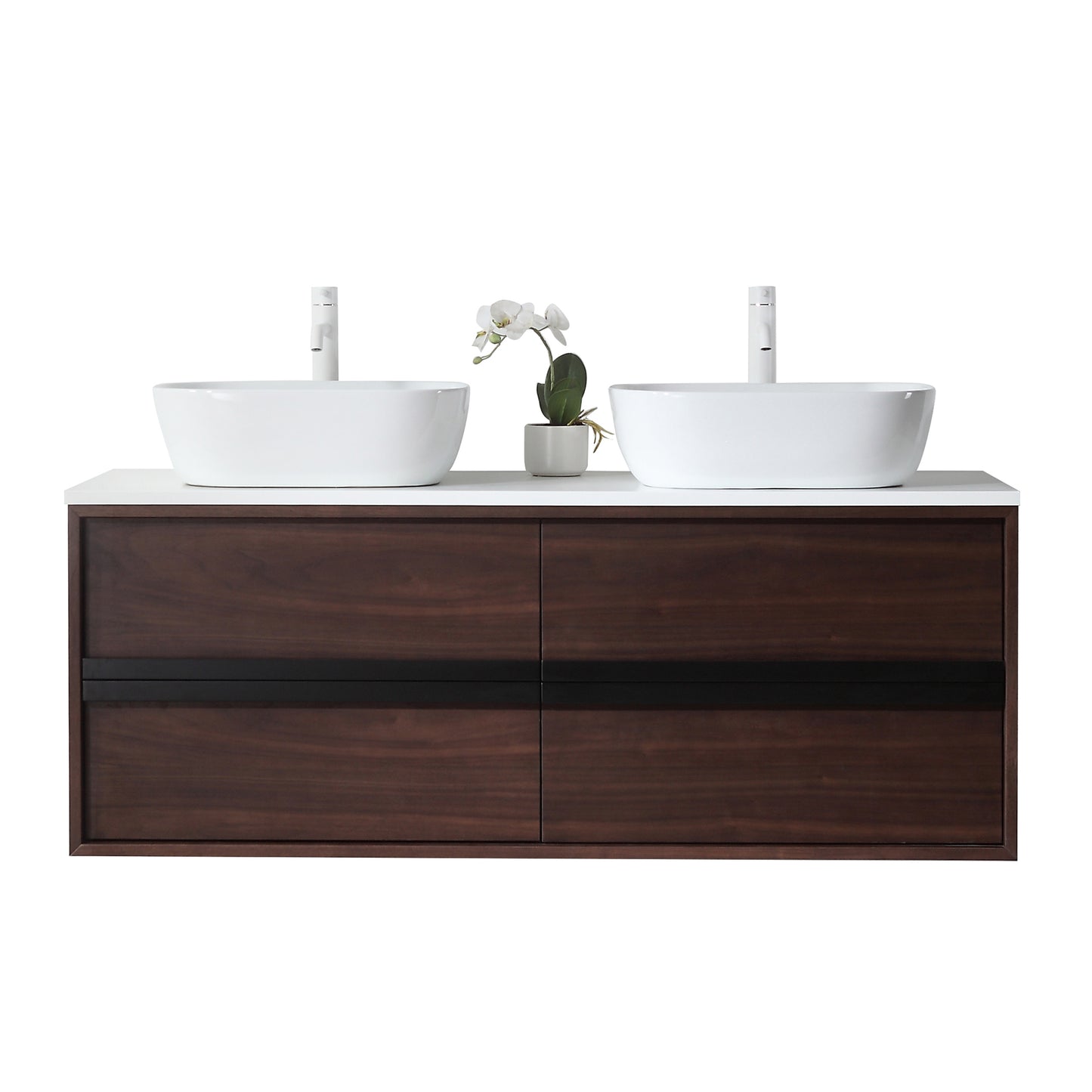 Sintra 55" Wall Mounted Bathroom Vanity with Pure White Quartz Top and Ceramic Vessel Sinks