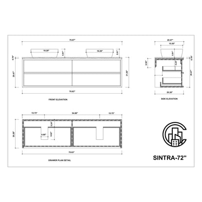 Sintra 72" Wall Mounted Bathroom Vanity with Pure White Quartz Top and Ceramic Vessel Sinks