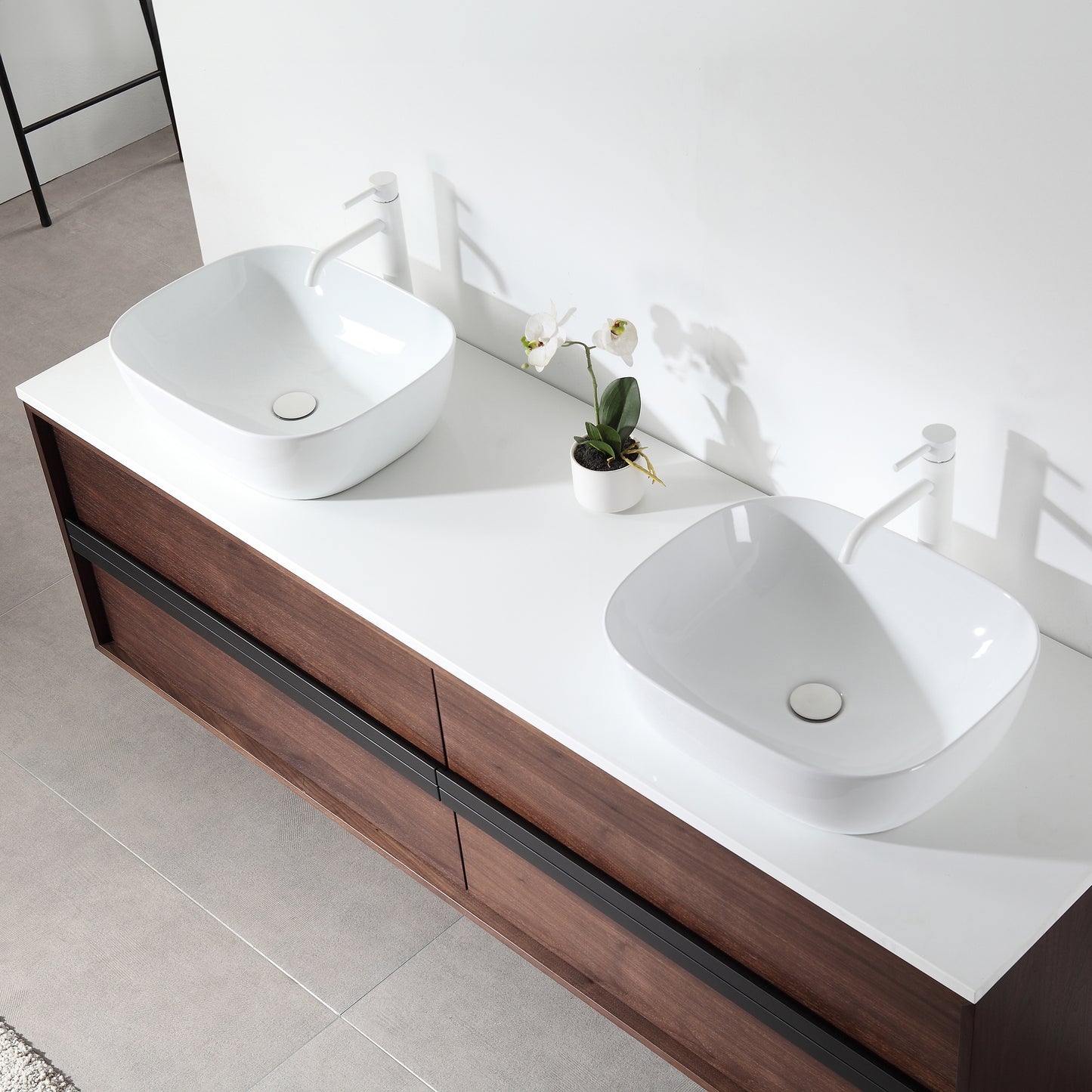 Sintra 72" Wall Mounted Bathroom Vanity with Pure White Quartz Top and Ceramic Vessel Sinks